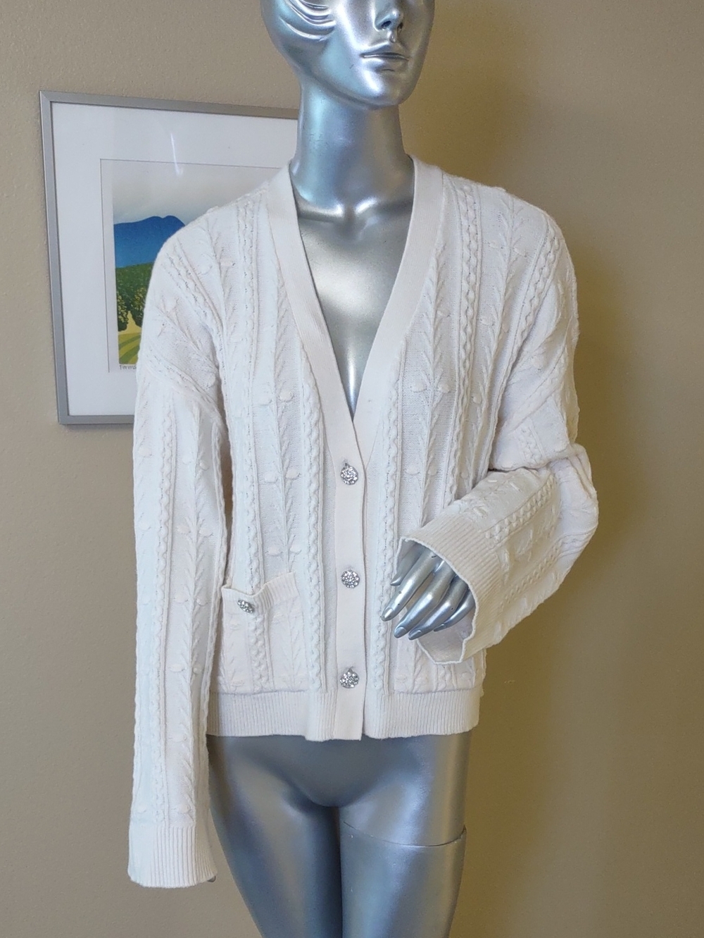 LOFT Cream Cable Knit V-Neck Embellished Button Cardigan